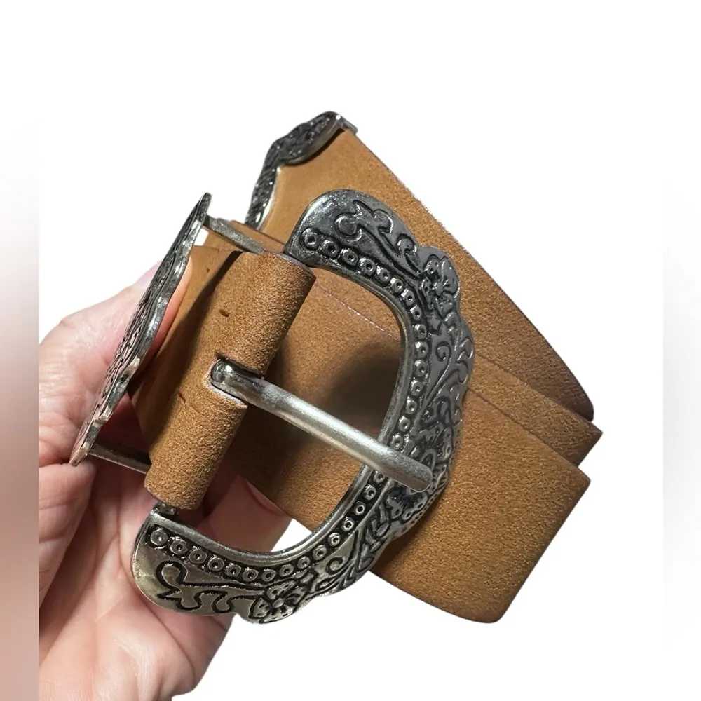 Brown Boho Faux Suede Belt with Floral Metal Buckle 42” - Image 3