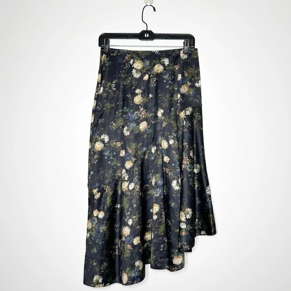 Vince Floral Satin Asymmetrical Skirt Petal Glow Rose Field Women's Black Size 0 - Image 3