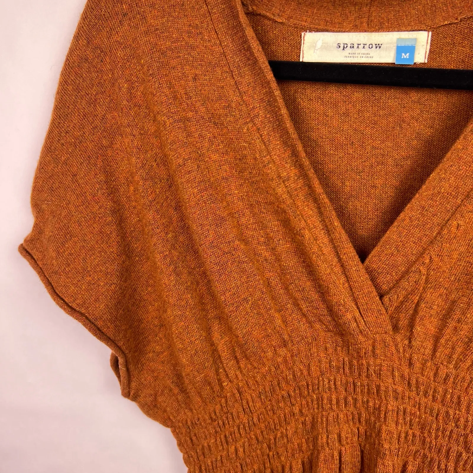 Sparrow Sweater Dress Rust Knit Smocked Waist V Neck Short Sleeve Boho Fall M Orange Size M - Image 5