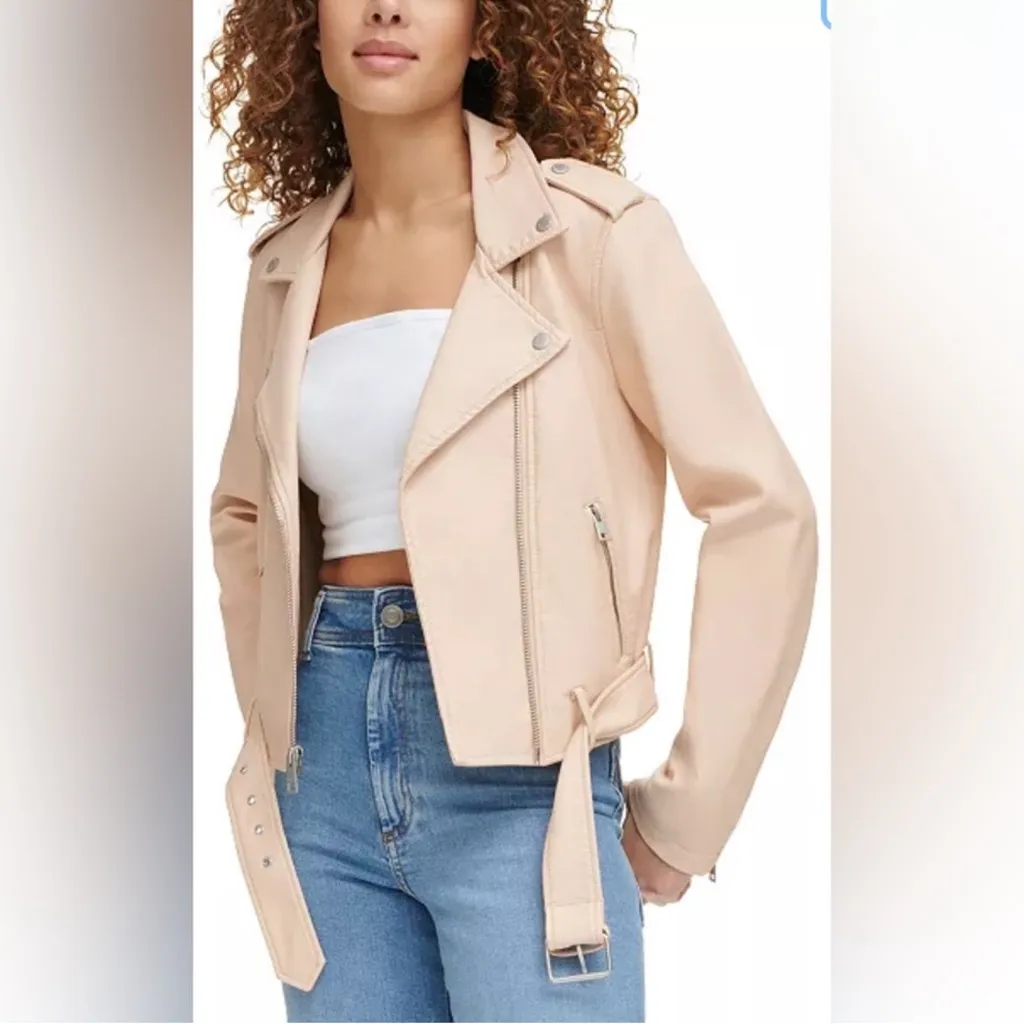 LEVI’S Women's Cream Faux-Leather Belted Hem Moto Jacket Sz xs - Image 2