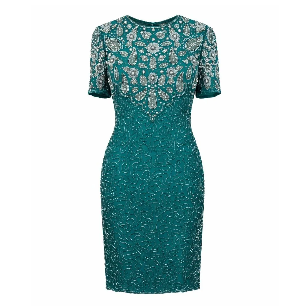Vintage Lawrence Kaza New York Teal Beaded Sequin Evening Cocktail Dress L NWT Green Size L - Image 3