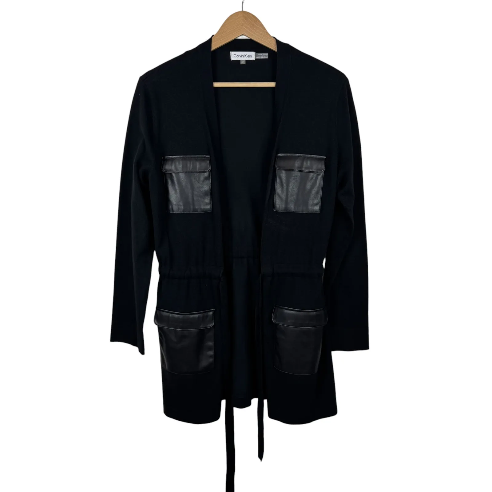 Calvin Klein Womens Faux Leather Pockets Cardigan Sz‎ S Black Tie Waist Office - Image 2