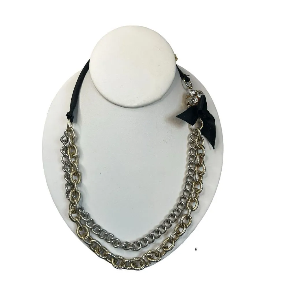 Chunky gold and layered silver chain necklace with black bow and ribbon neckline - Image 2
