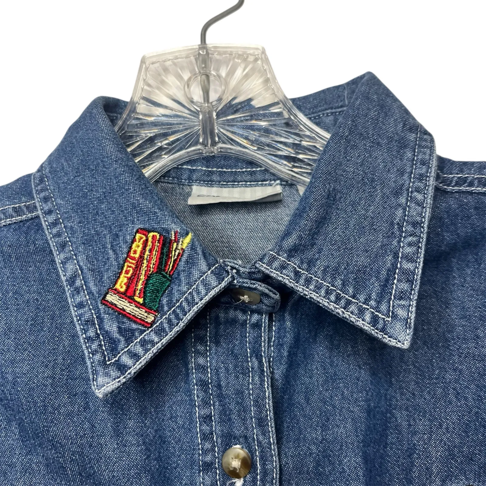 Vintage Cabin Creek Denim Shirt Embroidered Teddy Bears Book Shelf Western Sz PS - Image 2