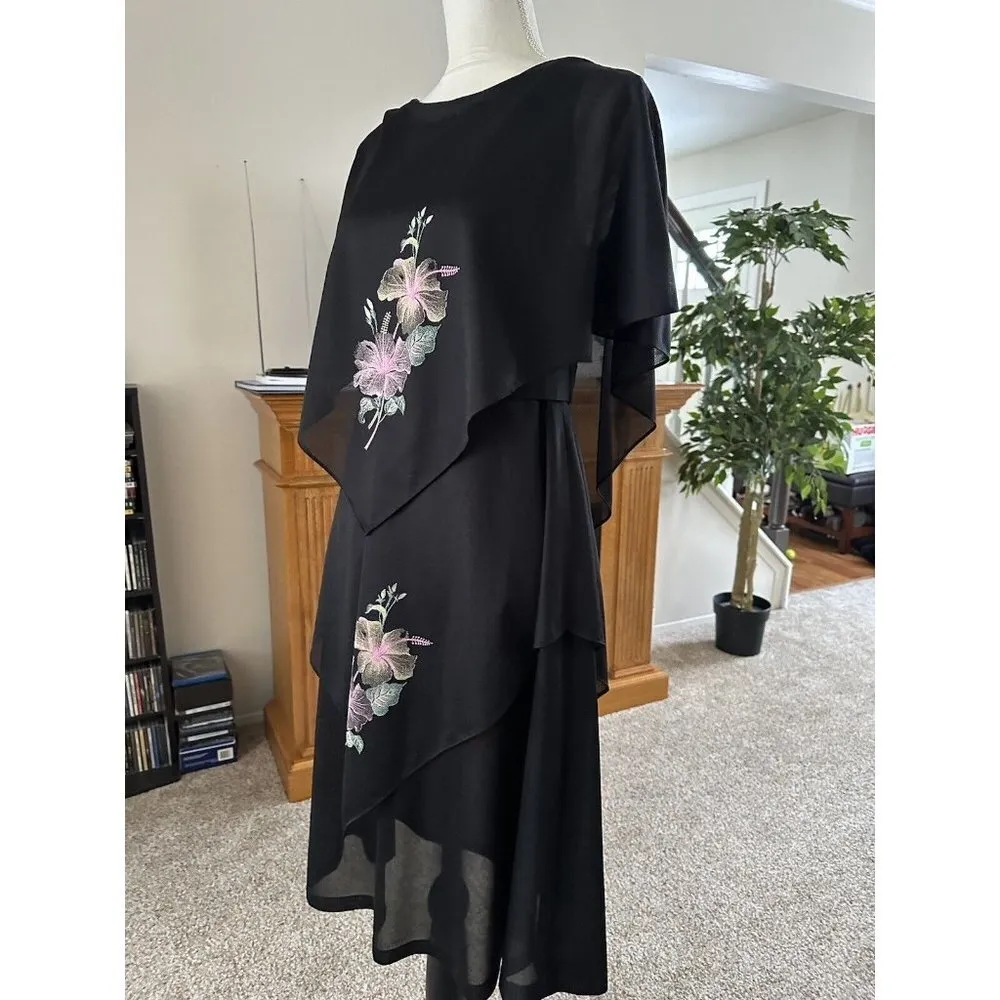 VTG 70s Gilberti Handkerchief Hem Floral Chiffon Semi Sheer Dress Fits Medium Black - Image 10