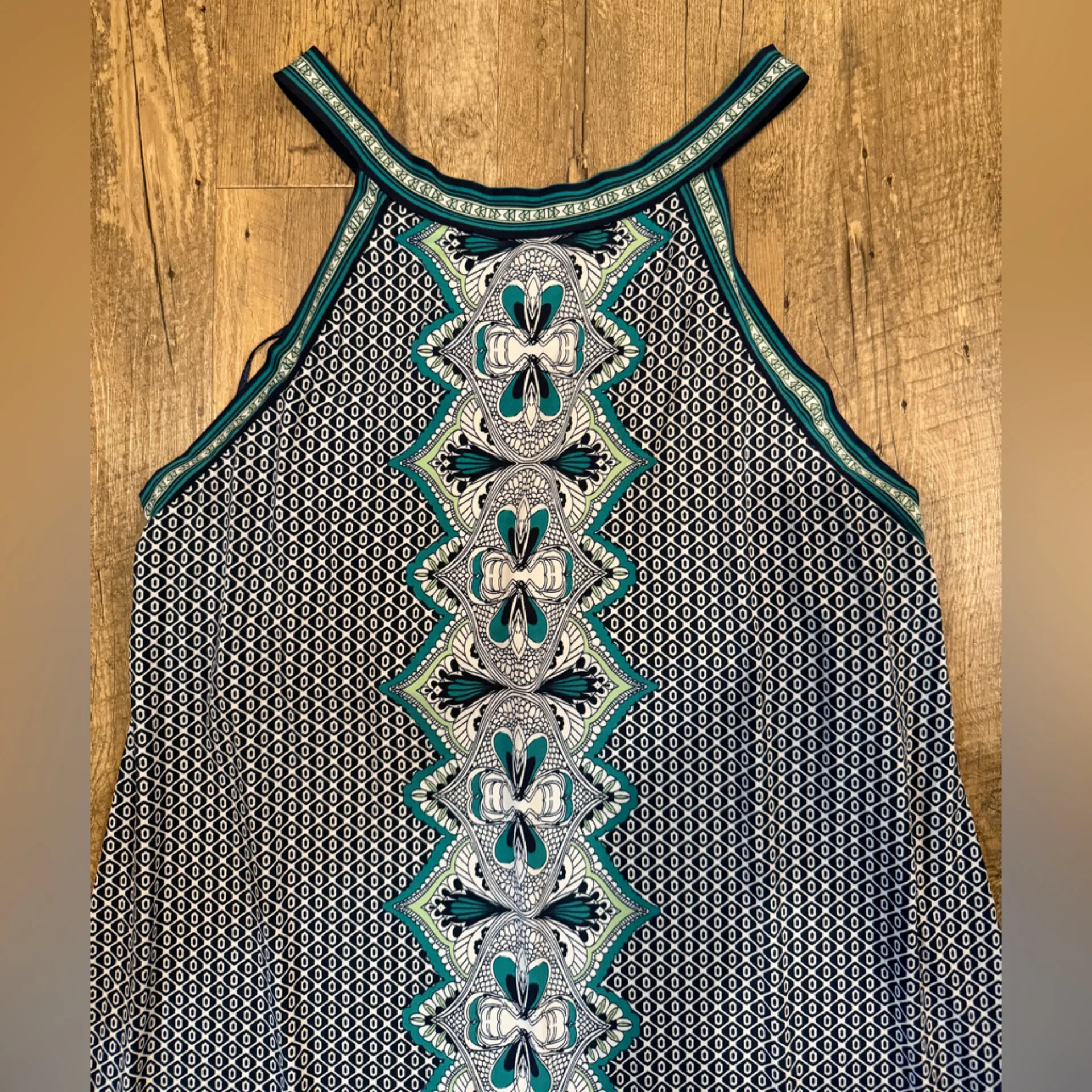 Max Studio Dark Blue Green White Floral Halter Maxi Dress Casual Large - Image 4