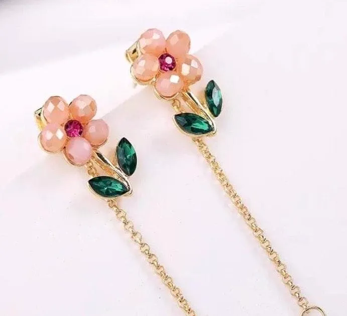 Crystal Flower Chain Tassel Pearl Drop Stud Earring Gold - Image 3