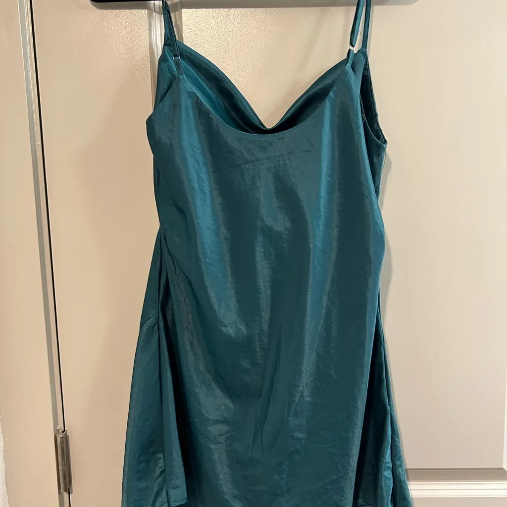Elegant Teal Satin Mini Dress Blue Size 38 - Image 4