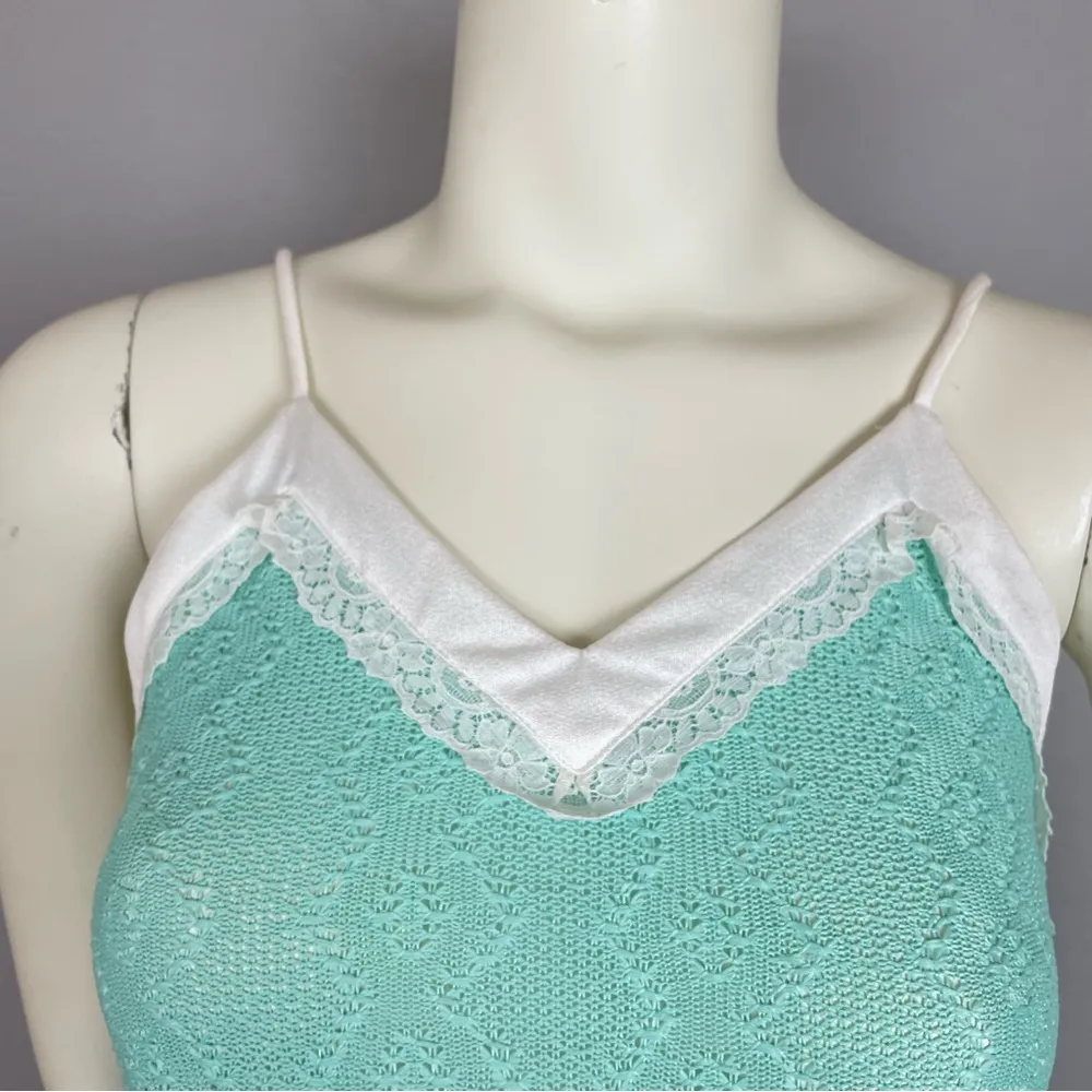 Vintage Dress Sheer 70s 80s Light Green Teal Lace Knit White Trim Sleeveless 7/8 - Image 5