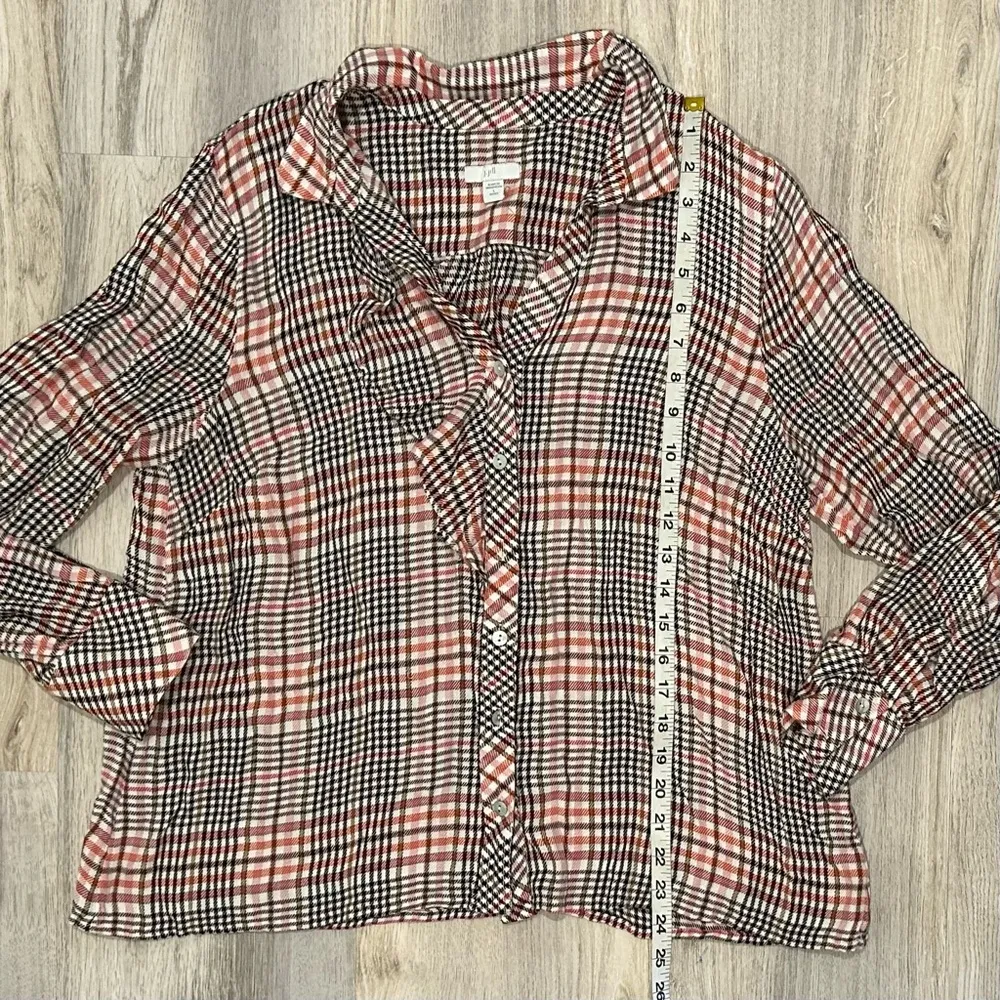 J Jill Plaid Pearl Button Up Shirt Long Sleeve Ruffle Tunic Top Size Petite L Pink Size L - Image 2