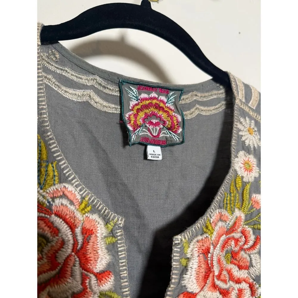 Johnny Was Cecile Boxy Peasant Blouse – Floral Linen Embroidery, Women’s Size L - Image 5