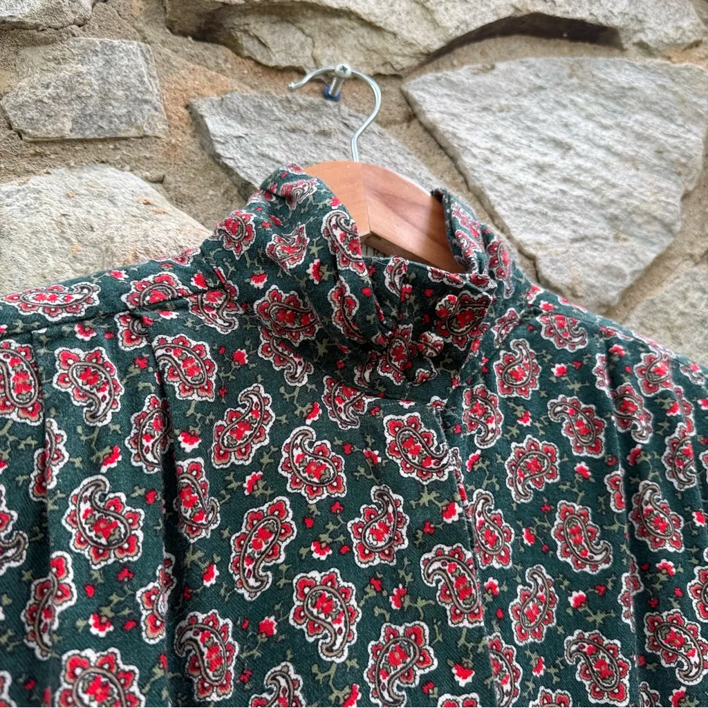 Vintage Wool Blend High Neck Green Paisley Button Down Shirt - Image 2