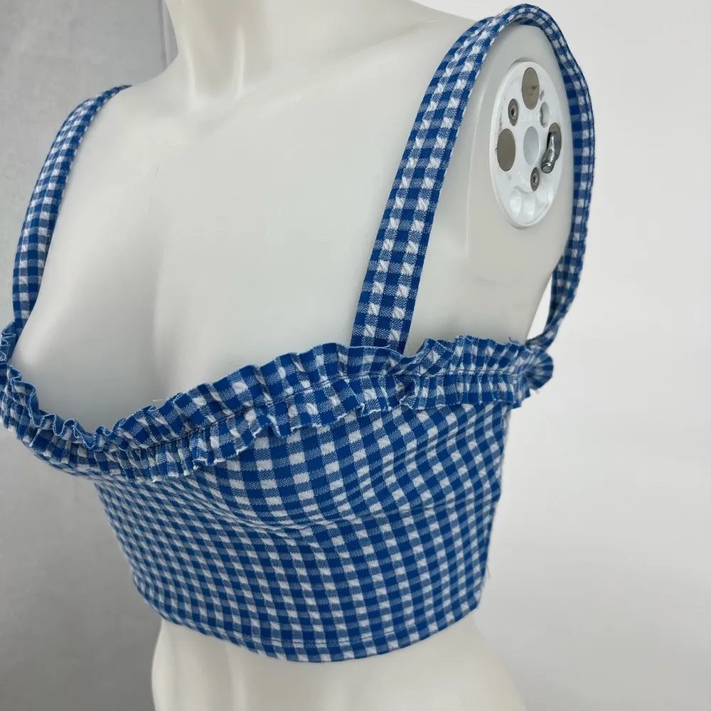 Blue Gingham Ruffle Crop Top - Image 3