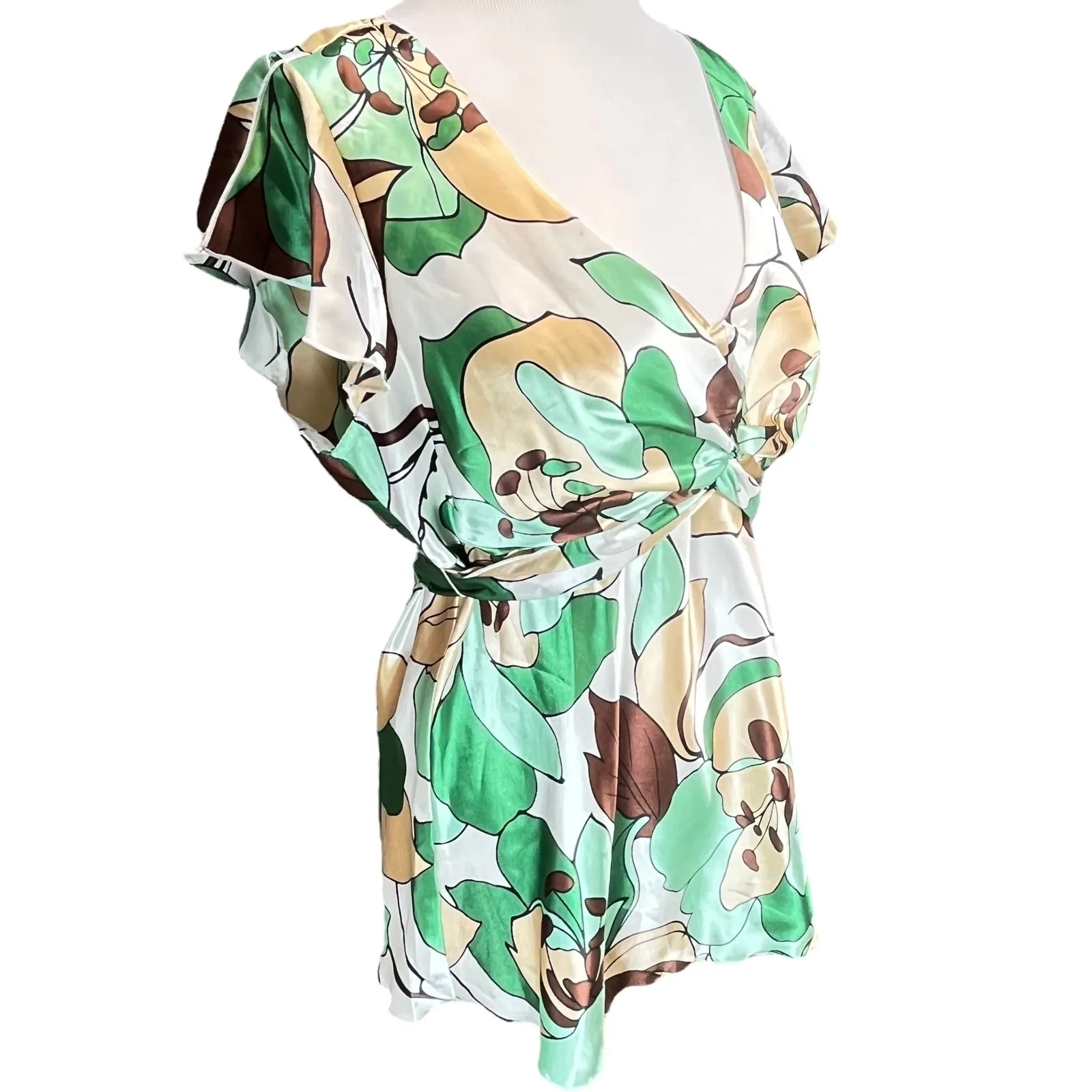 Dressbarn Women's Y2K Green Floral Silky‎ Empire Waist Tie Back Blouse Top Large - Image 3
