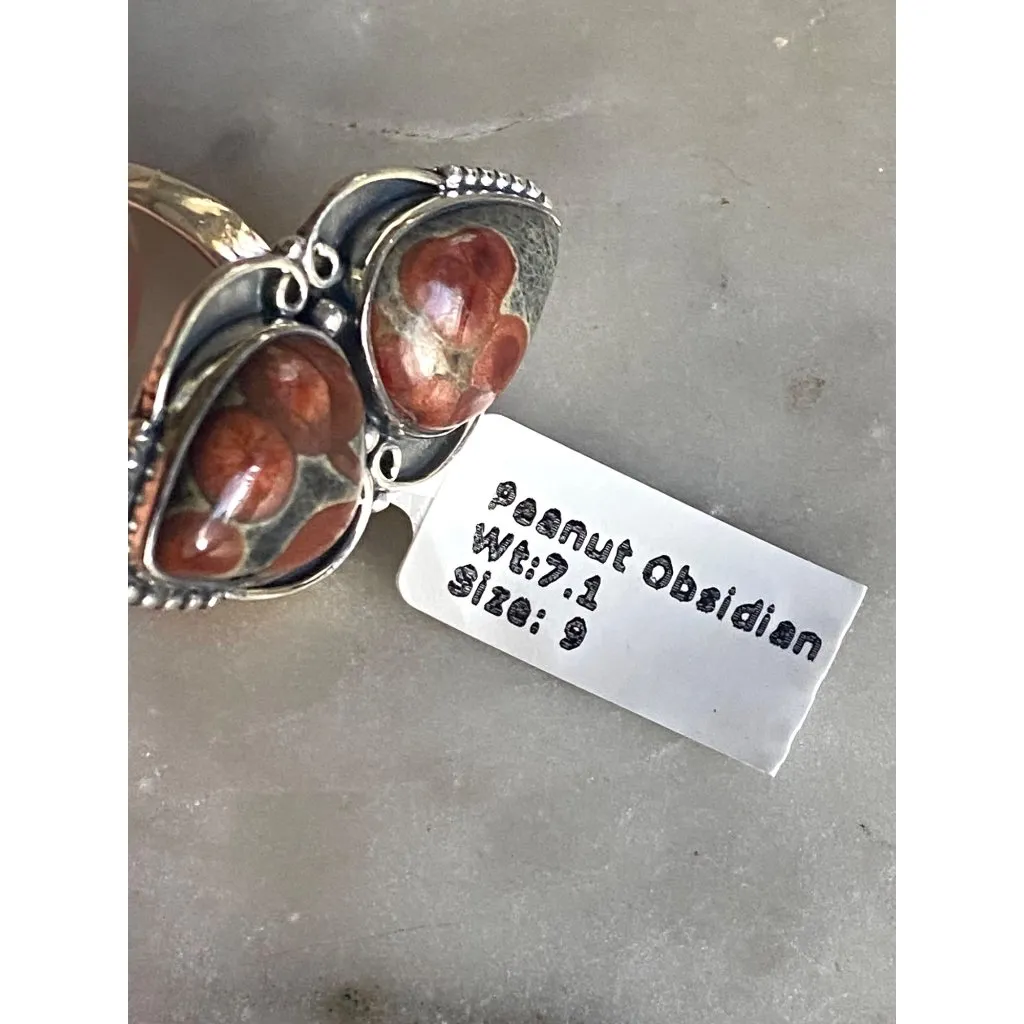 NEW Peanut Obsidian Double Stone Beaded Sterling Silver Ring Size 9 - Image 4