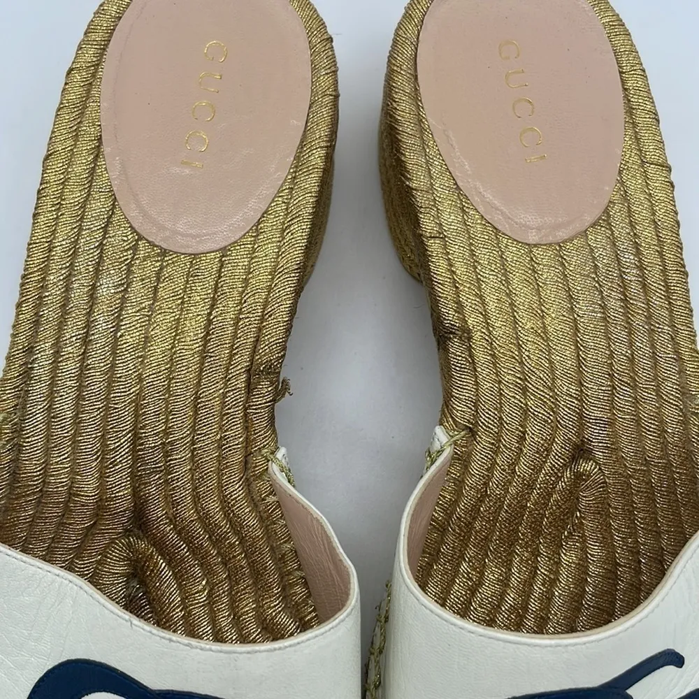 Gucci Ivory Gold GG interlocking heeled espadrille mules 37 - Image 2