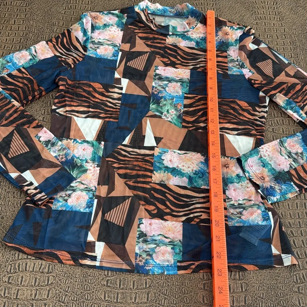 SHEIN Mesh Patchwork Long Sleeve Top XL Floral Tiger Stripe Abstract Print - Image 3