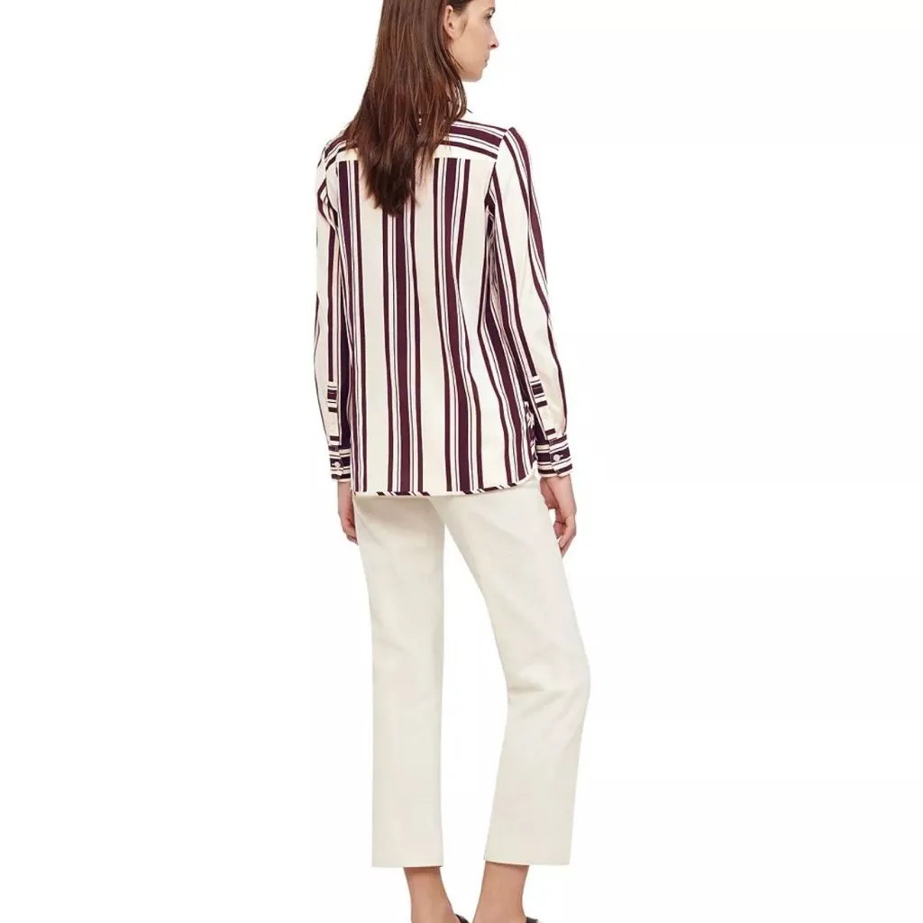 $295 Tory Burch Stretch Silk‎ Striped Shirt Size 8 - Image 2