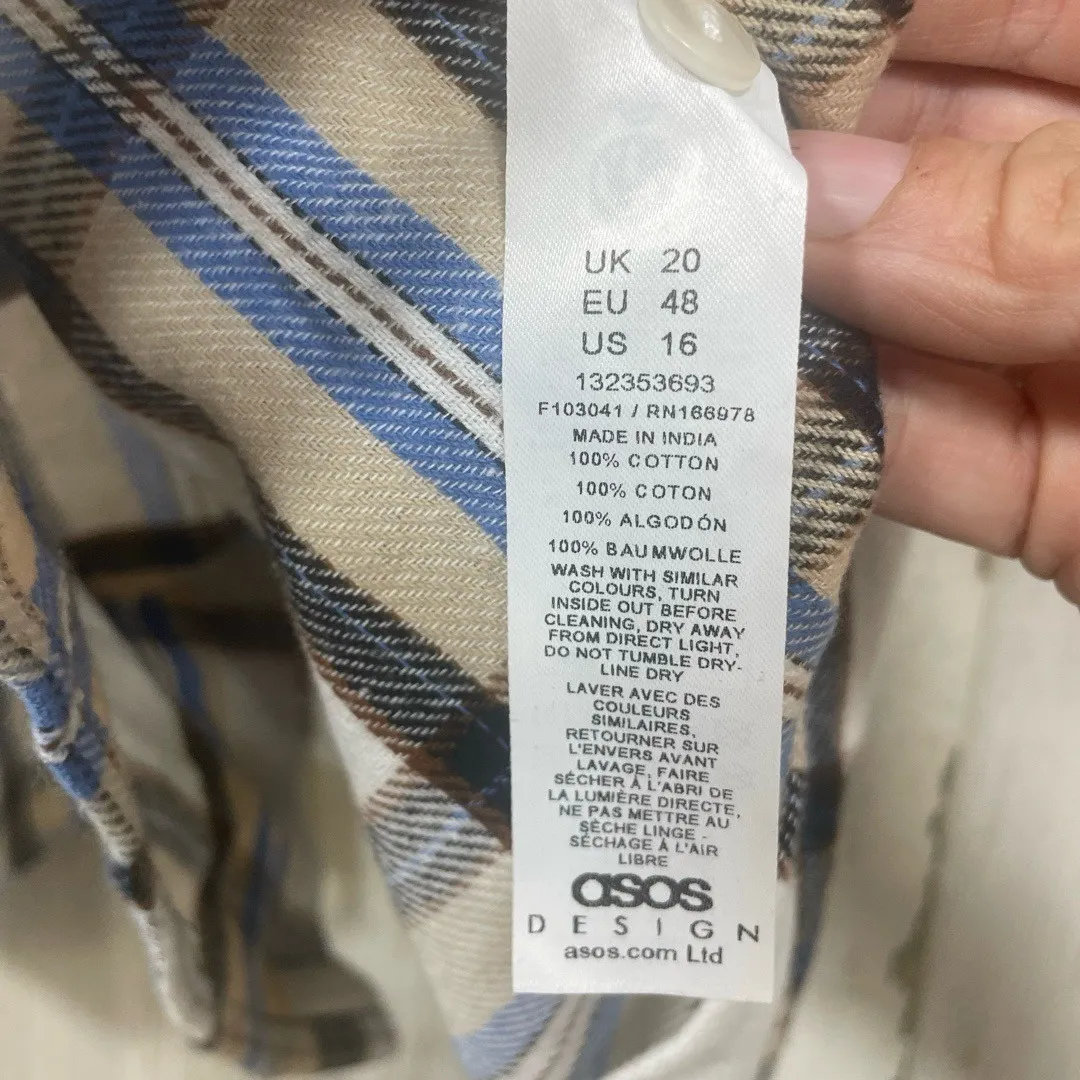 ASOS Curve Oversized Mini Shirt Dress sz 16 NWT Cream Plaid Flannel Long Sleeve - Image 4