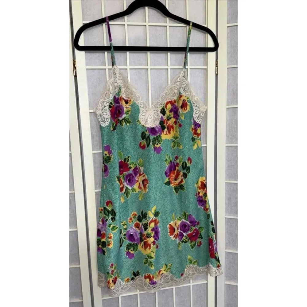 Victoria’s Secret VTG 90 Y2K Satin Lace Green Polka Dot Floral Gown Slip Dress S - Image 2