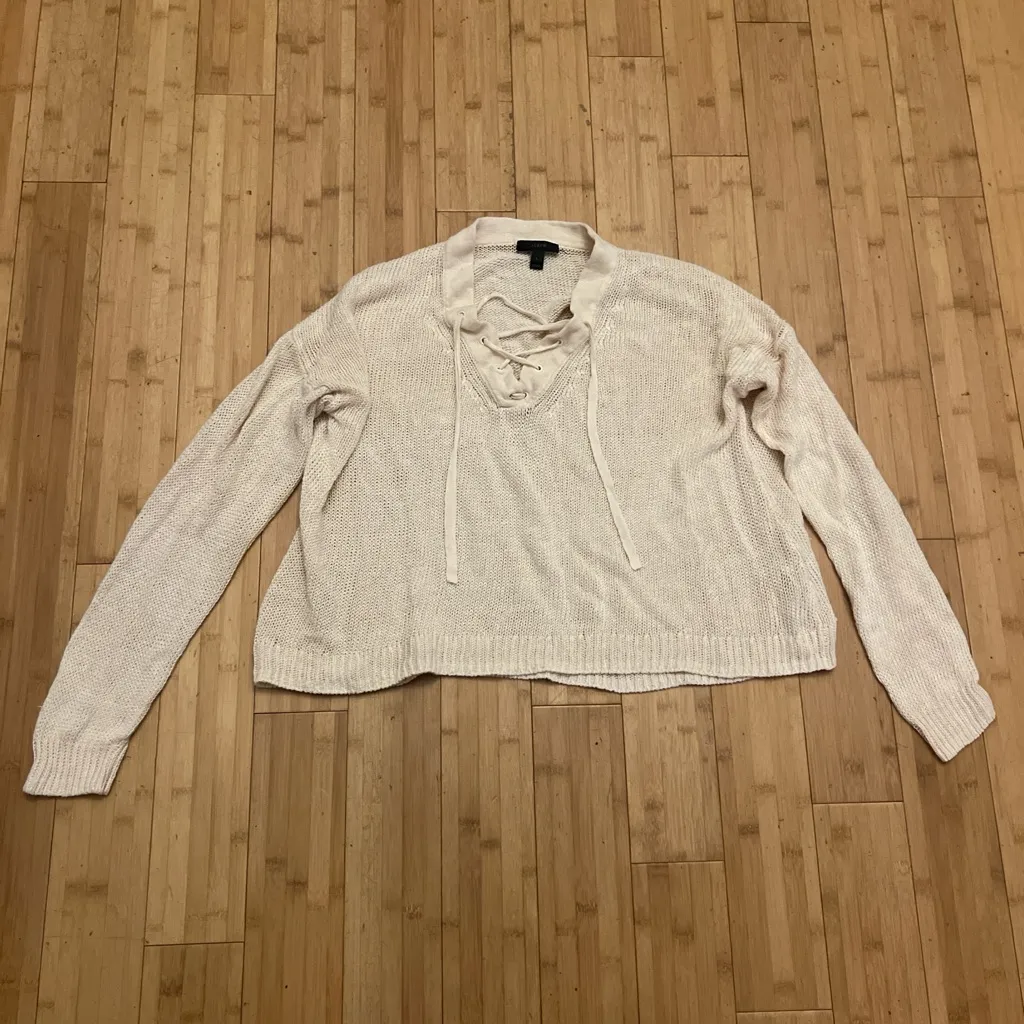 J. Crew Cream V-Neck Sweater with Lace-Up Detail - Image 2