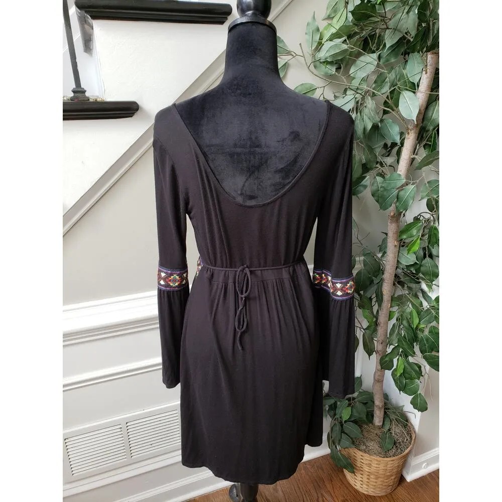 Peppermint Fit & Flare Dress Women M Black Rayon Embroidered Belted Boat Neck - Image 4