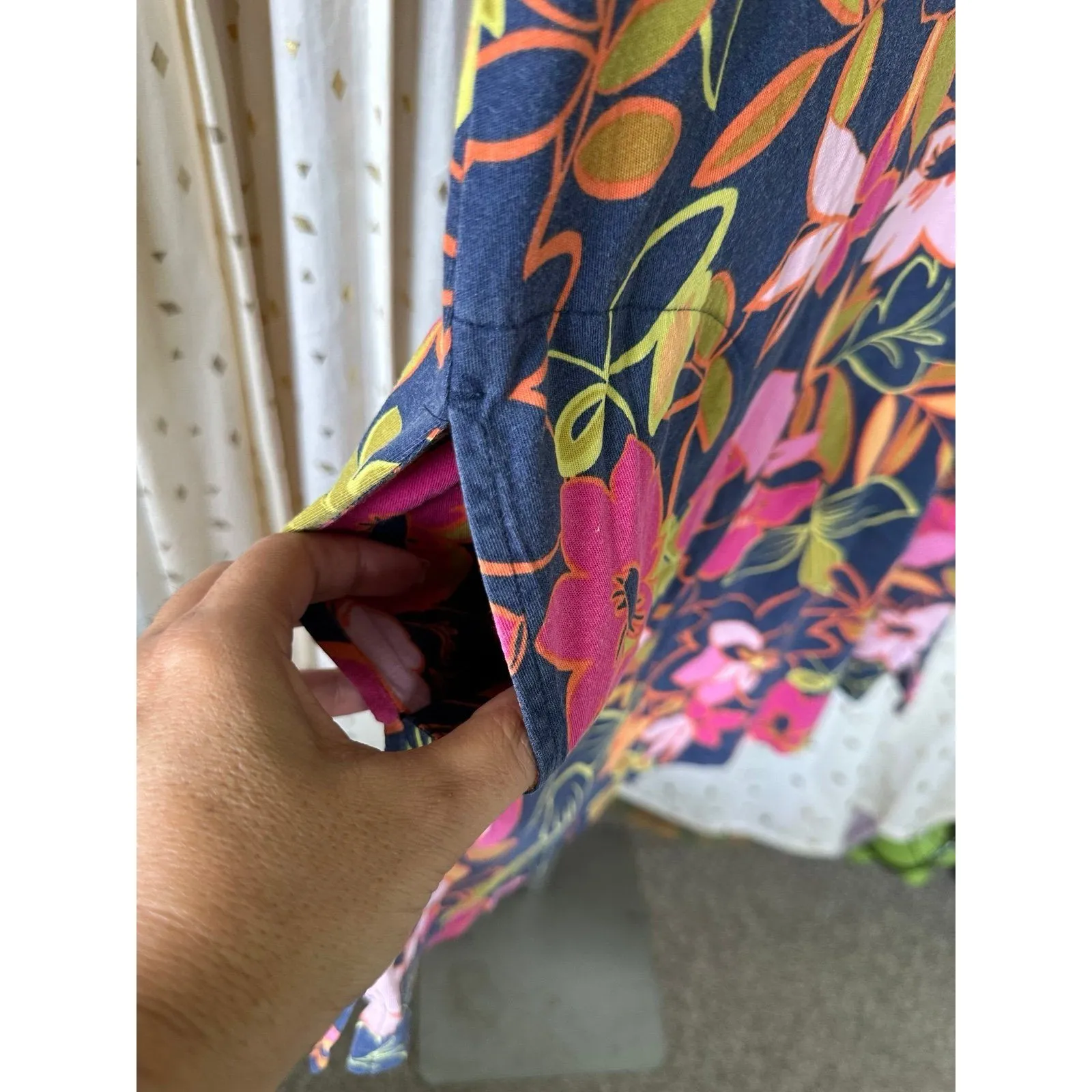 Lands End Women's 100% Cotton Pink Navy Green Hibiscus Floral Shift Dress XS - Image 4