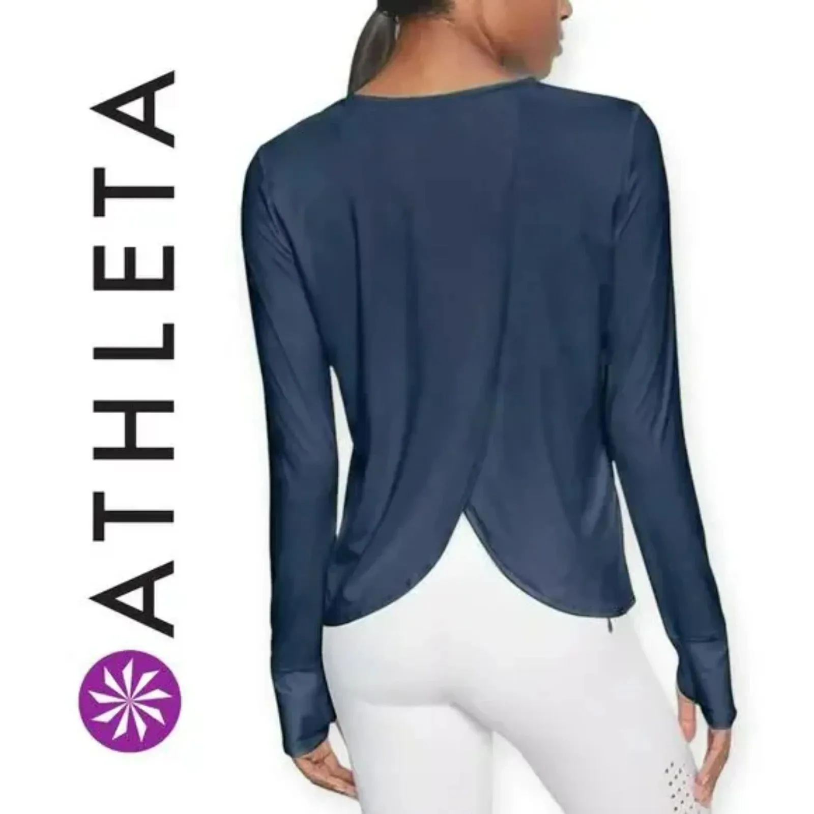 Athleta Sunlover UPF Tulip Back Navy Top S | Thumbholes • Outdoor Activewear - Image 2