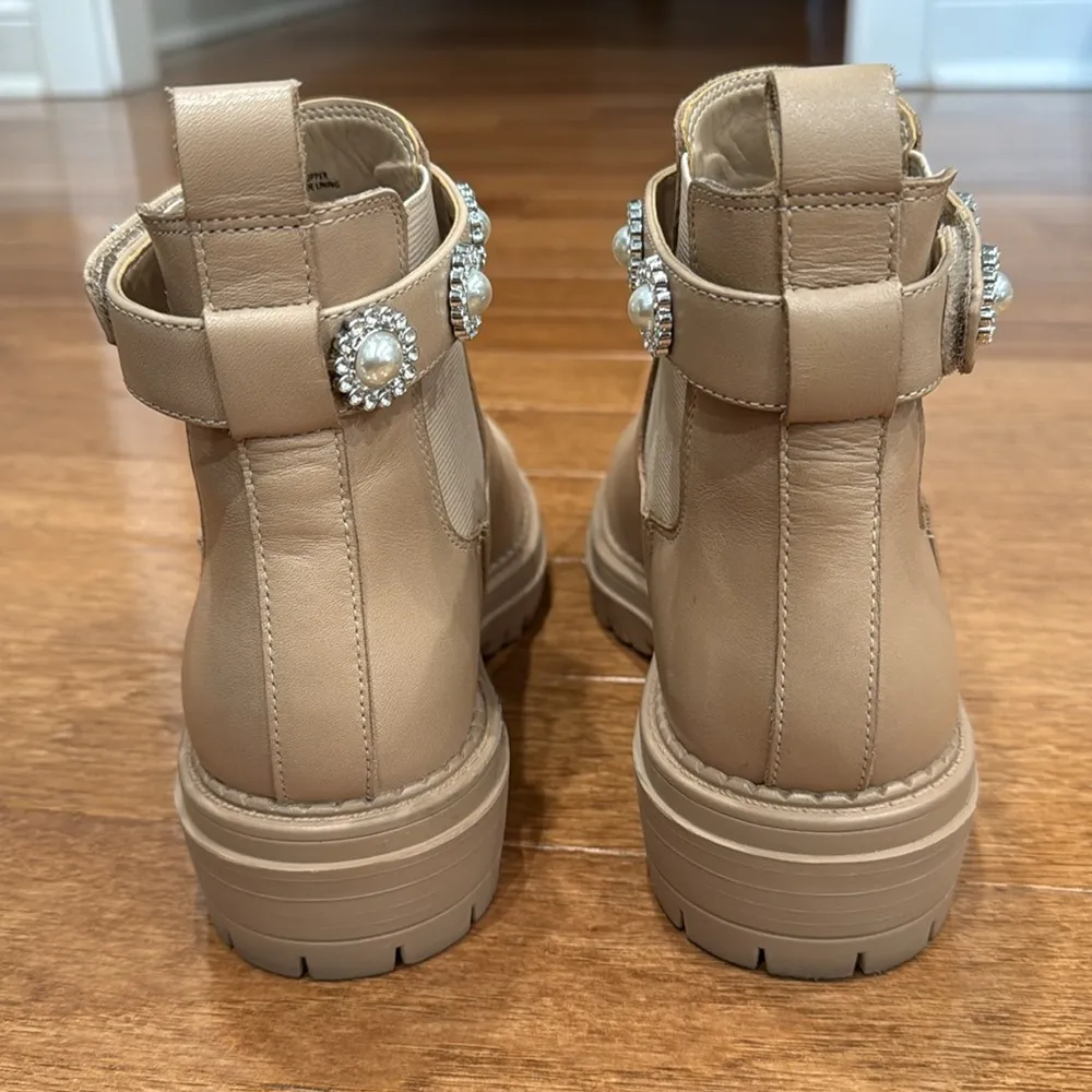 Copper Key Pearl Rhinestone Tan Leather Slip-on Chelsea Ankle Boots Booties - Image 4