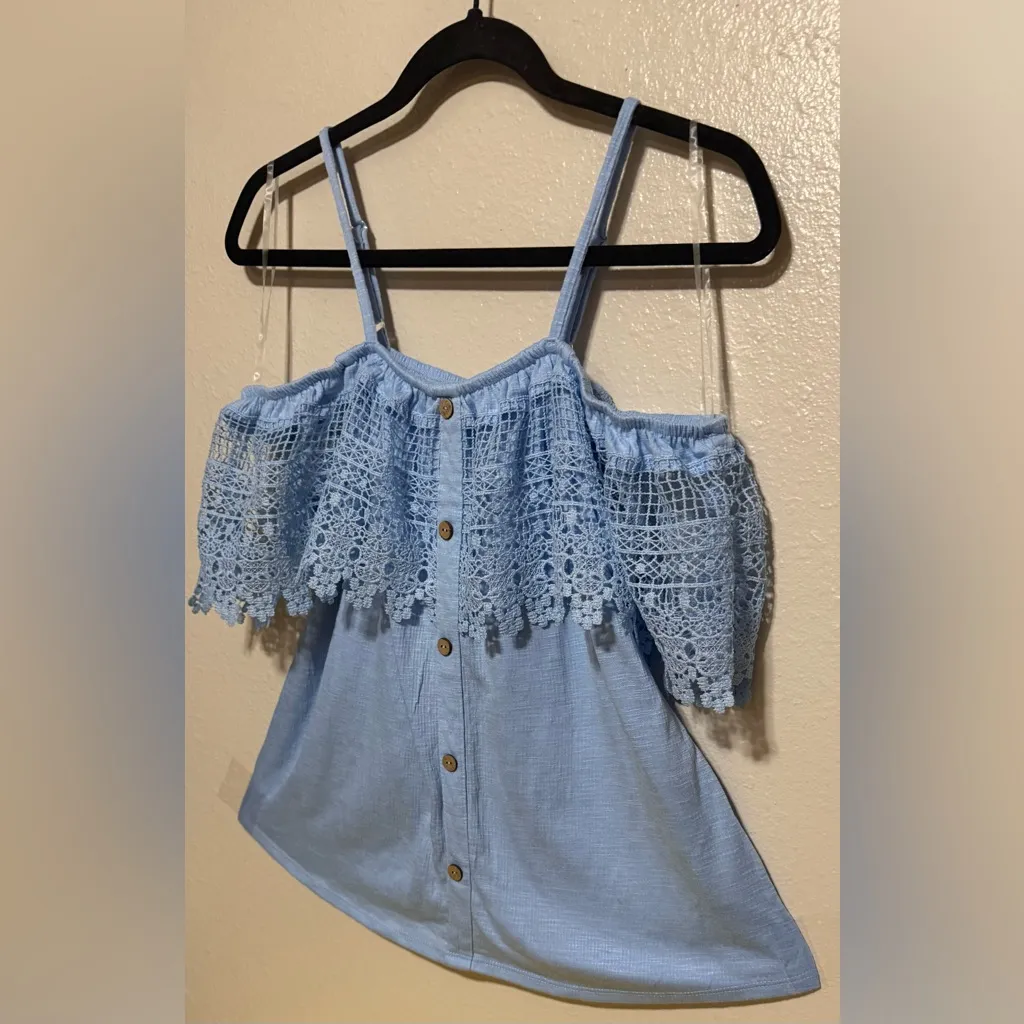 No Boundaries Juniors Blue Lace Off-Shoulder Top | Shirt - Image 2
