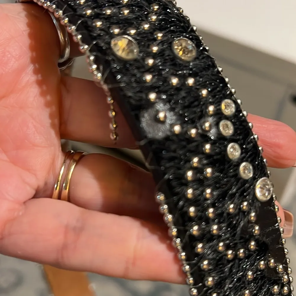 Leather Women's Belt Hair Swirl Black silver Studs Rhinestones Nocona Sz large - Image 5