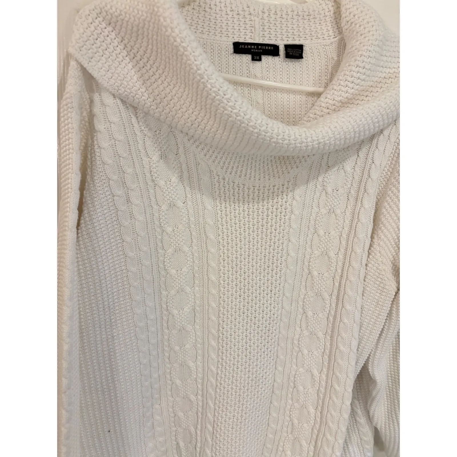 Jeanne Pierre Woman 3X Cream Cable Knit Cowl Neck Long Sleeve Cotton Sweater - Image 2