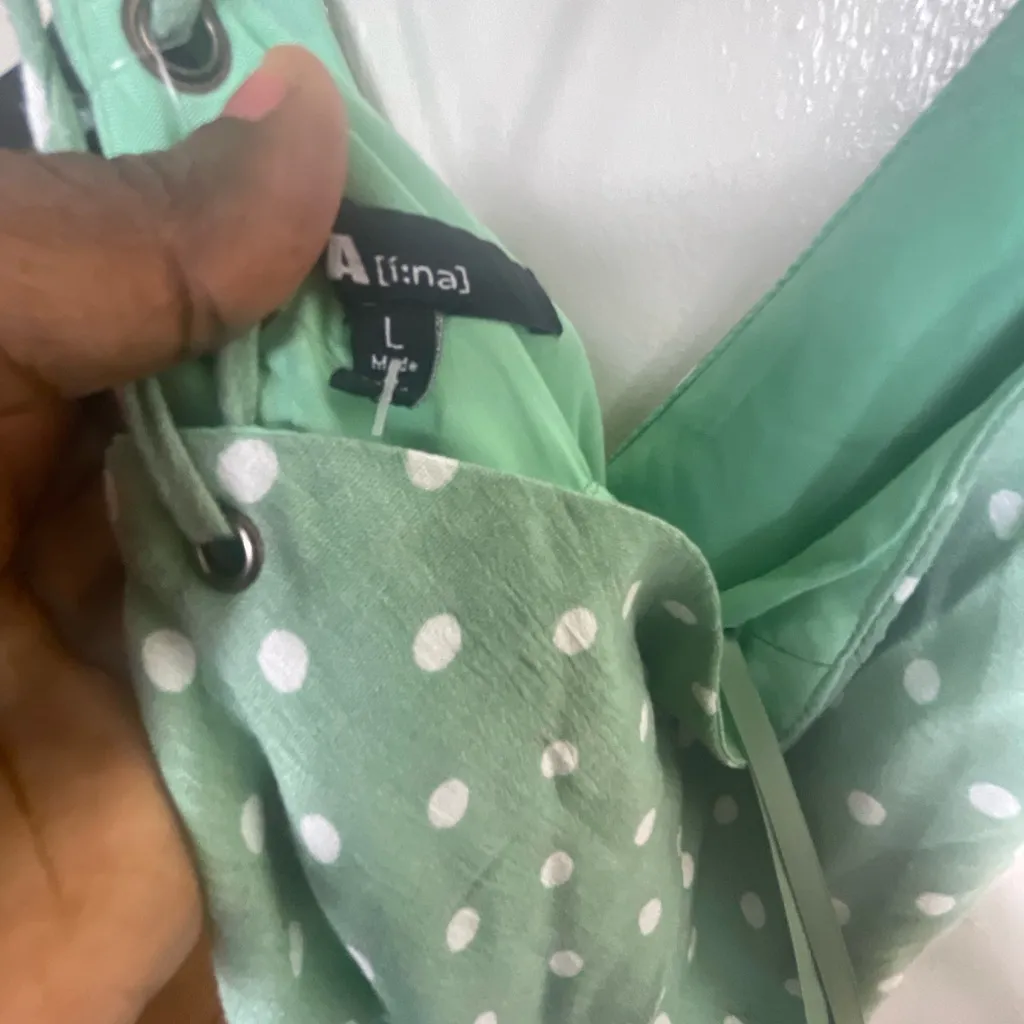 Ina Mint  mini 100 % rayon summer Green Dress with White Dots L - Image 6