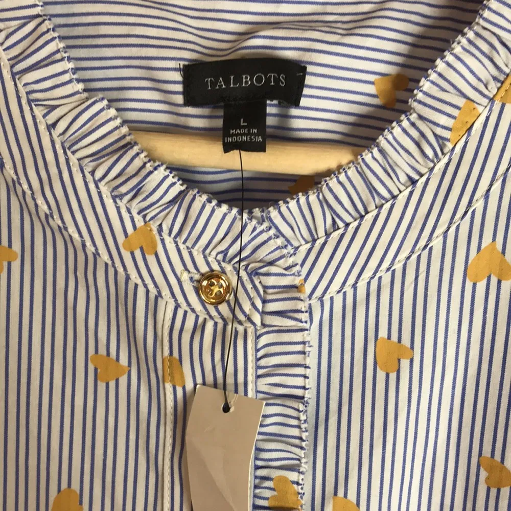 Talbots Heart Stripe Blouse Blue White Ruffle Button Up shirt Cotton size large - Image 6