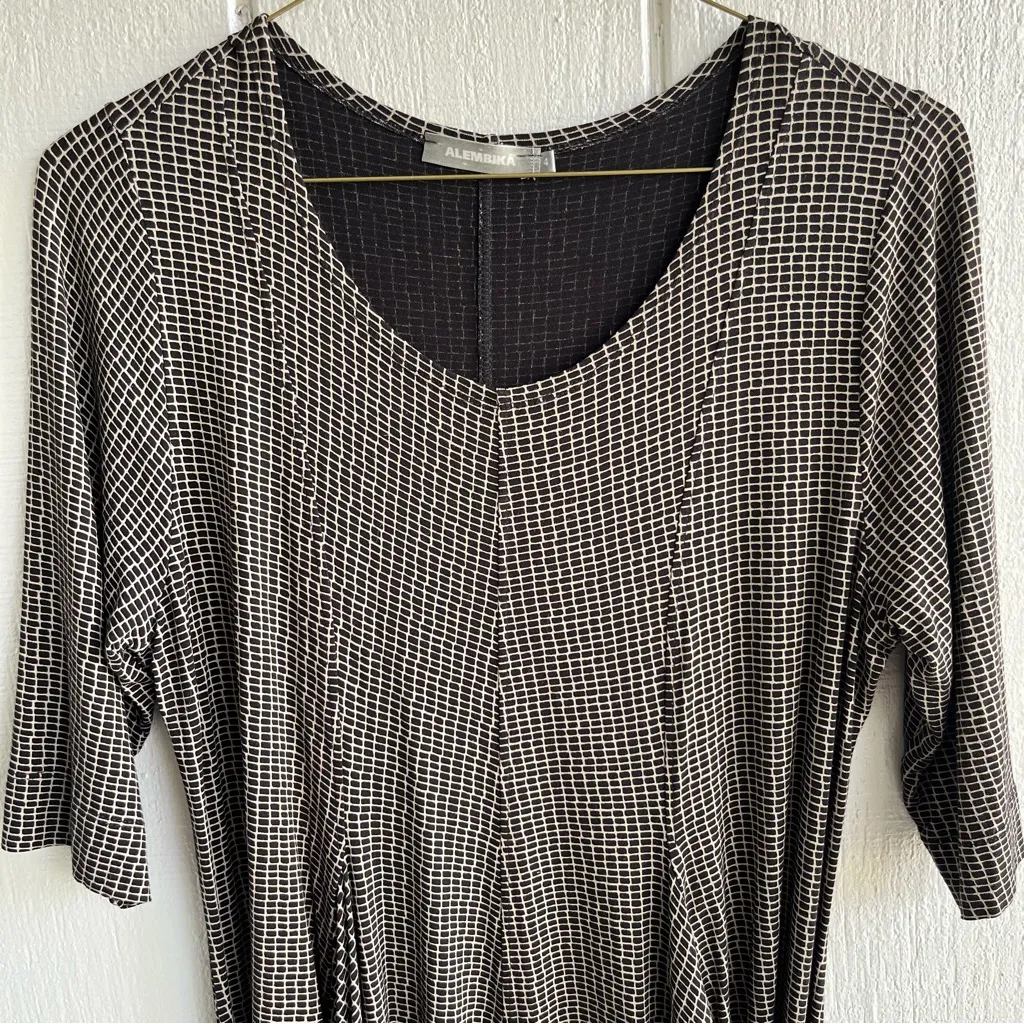 ALEMBIKA Stretch Knit Tunic Top Mini Dress Pockets Abstract Print Black Size 4 - Image 2