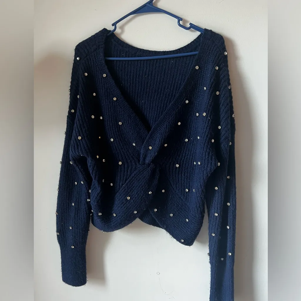 Express Women’s Navy Blue Knit Sweater with Pearl Embellishments Size M - Image 2