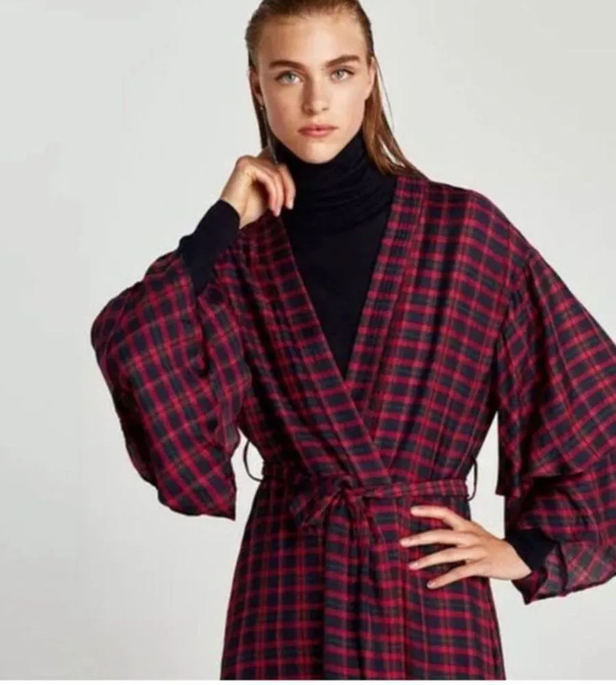 NWOT ZARA CHECKED LONG KIMONO WITH RUFFLES SLEEVES BLOGGERS FAV XS/S NO BELT - Image 3