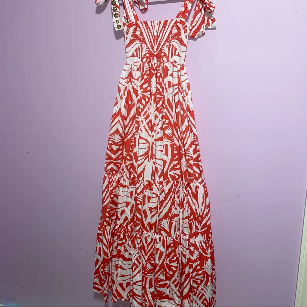 Sheridan French Kelly Dress Coral Boho Leaf Women Size M Tiered Maxi Smocked Red Size M - Image 9