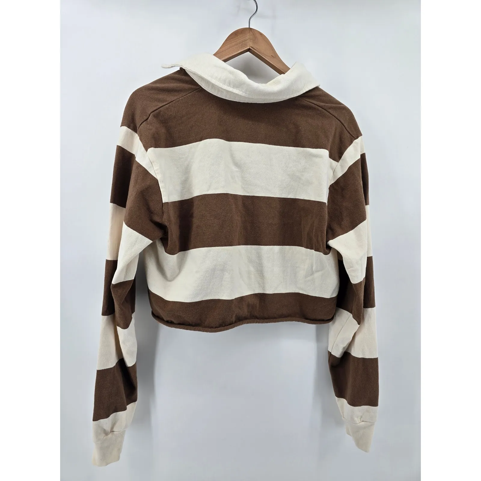 Brandy Melville Brown Cream Stripe Cropped Rugby Polo Shirt Long Sleeve - Image 3