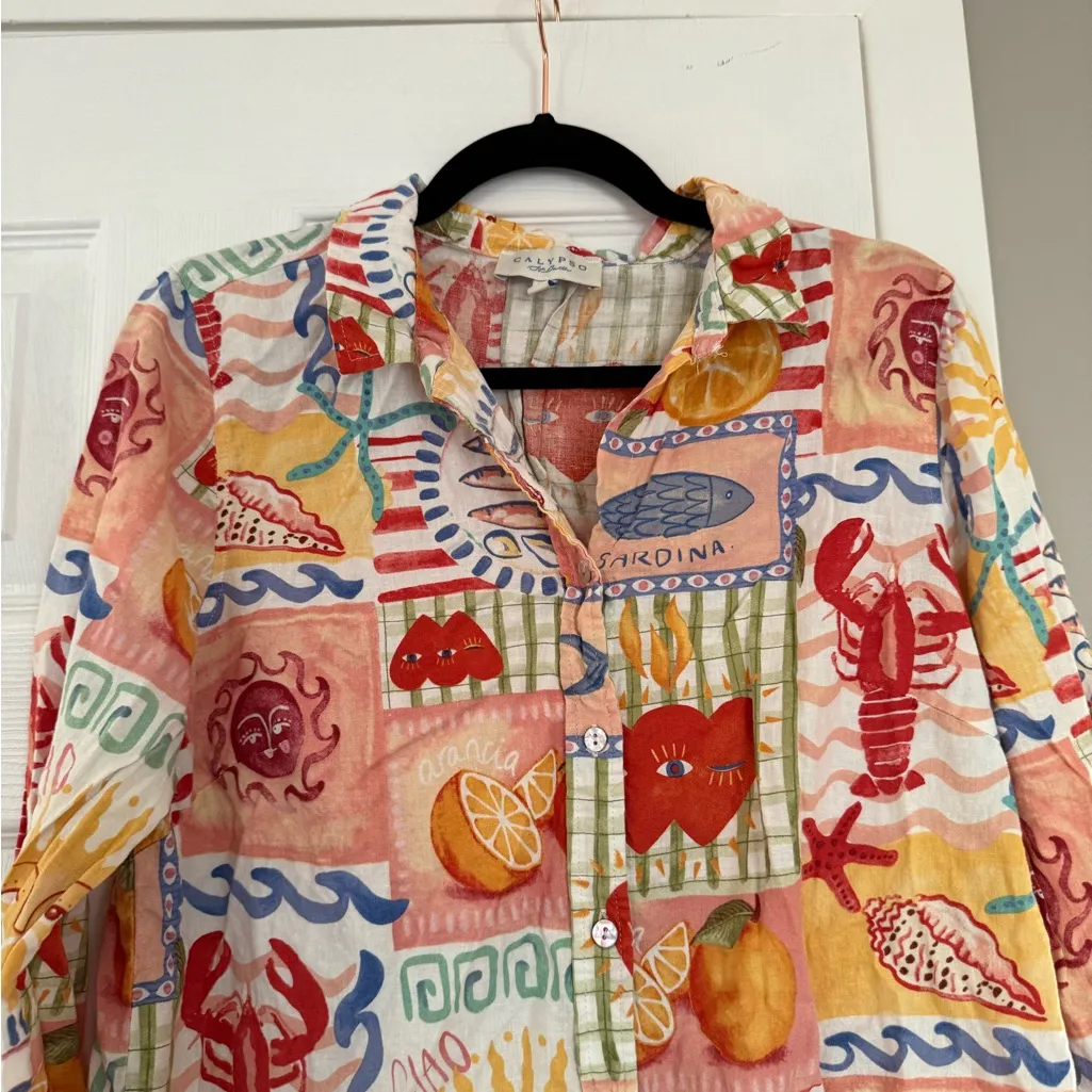 Calypso St Barth Anthropologie Linen Blend Beach Vacation Lobster Shirt Maine - Image 2