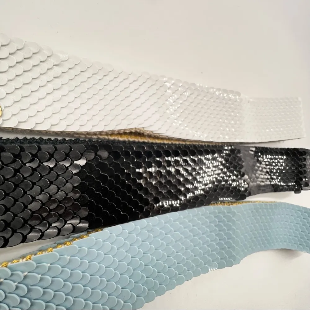 Vintage Set of 3 1970s Fish Scales/Metallic Buckle Belts in White, Black & Blue White - Image 6