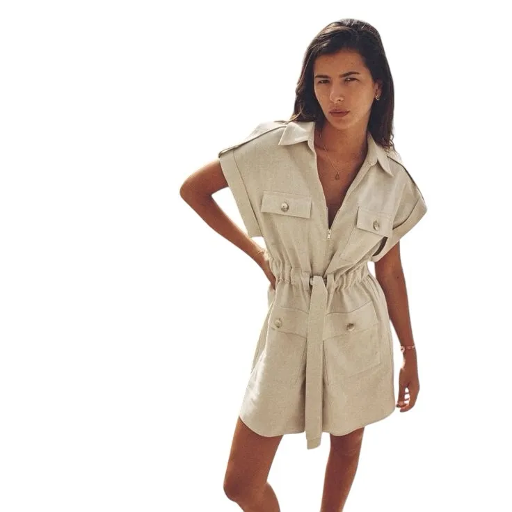 Zara Tan and cream cotton zip-up dress with gold zipper and tie waist - Image 3
