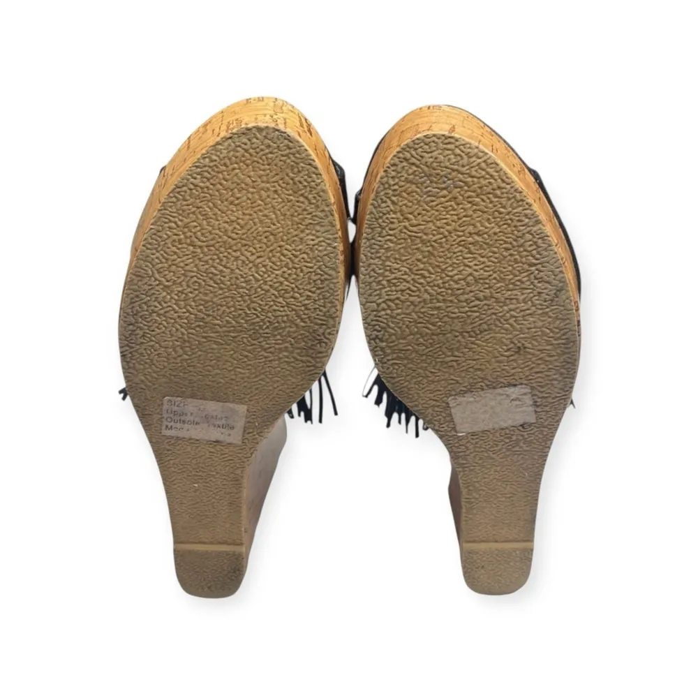 Olivia Miller š Fringe Peep Toe Cutout Cork Wedge Sandals š Black Microsuede š - Image 13