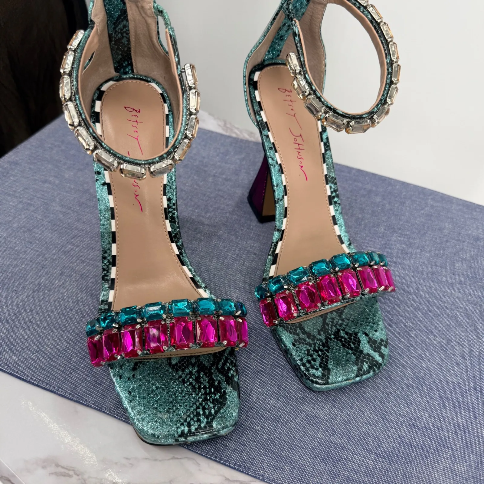 Betsy Johnson Emani 8M Rhinestone Snake Print Heels Square Toe Ankle Strap Prom - Image 2