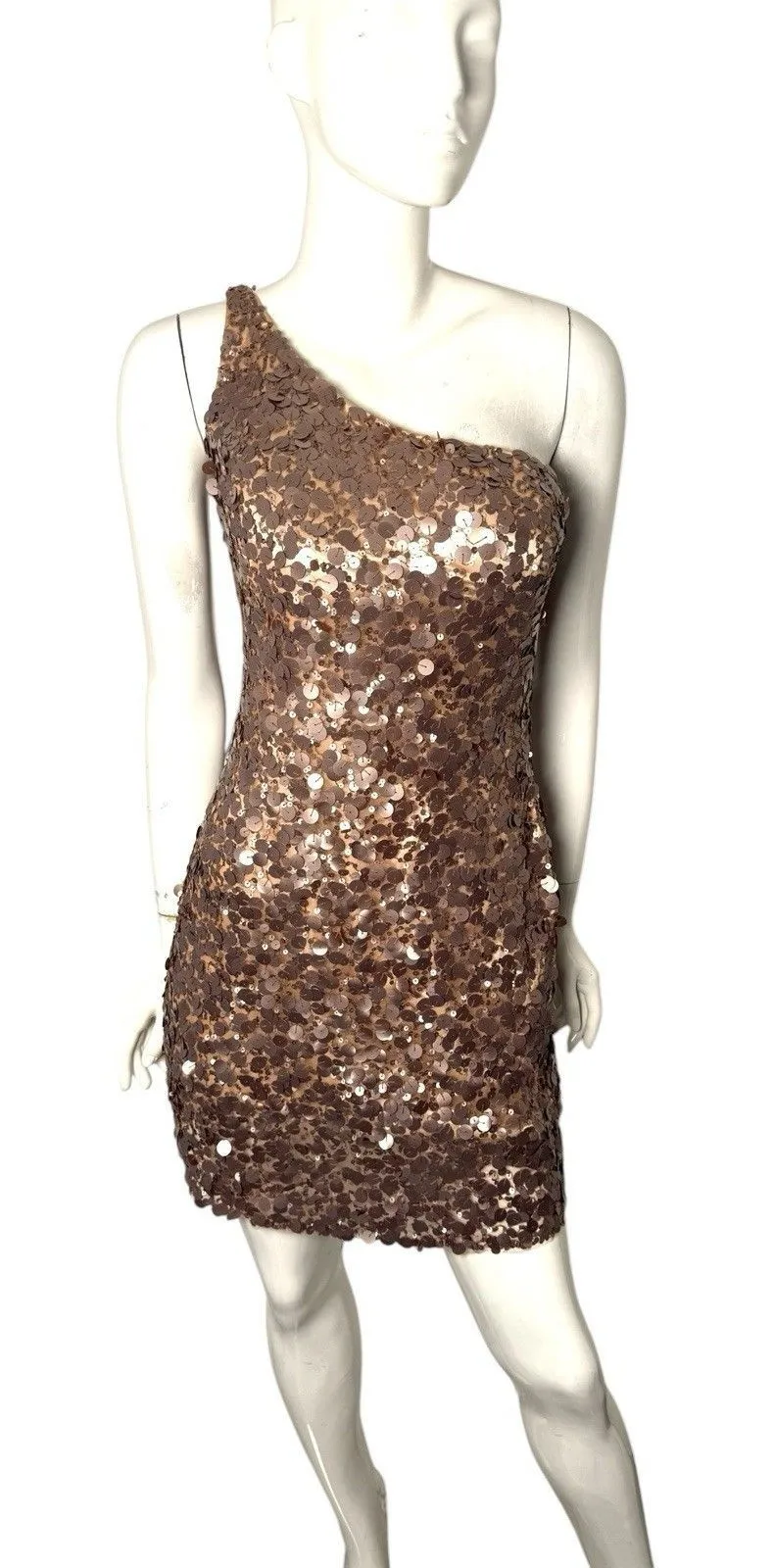 Vintage Scala Mini Dress Rose Gold Sequin One Sleeve Strap 8 Disco Rave Hoco - Image 1