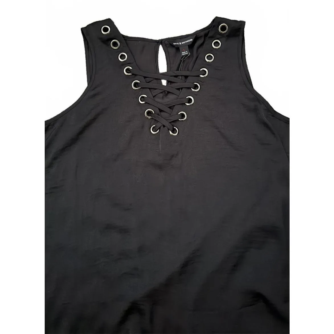 New Rock & Republic Women's Blouse Large Black Lace Up Grommets Sleeveless - Image 3