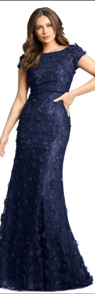 MAC DUGGAL 67711 Navy Floral Applique Boat Neck Cap Sleeve Gown - Image 2