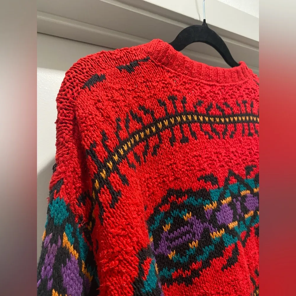 VTG 90s  Red Tribal Print Knitted Crew Neck Long Sleeve Sweater - M - Image 15