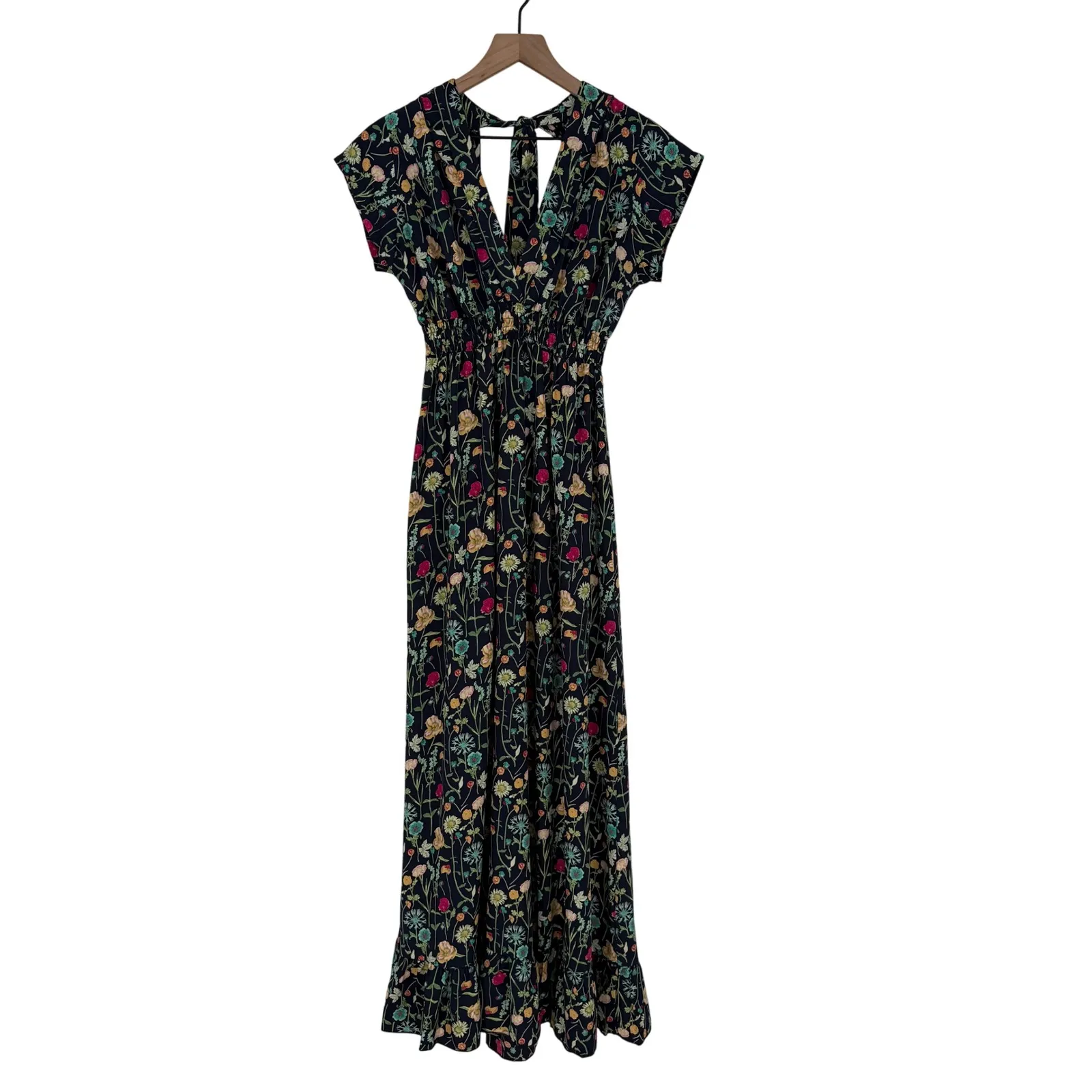 BETINA Floral Print Maxi Dress Deep V Neck Smocked Waist Tie Back Navy Black - Image 2