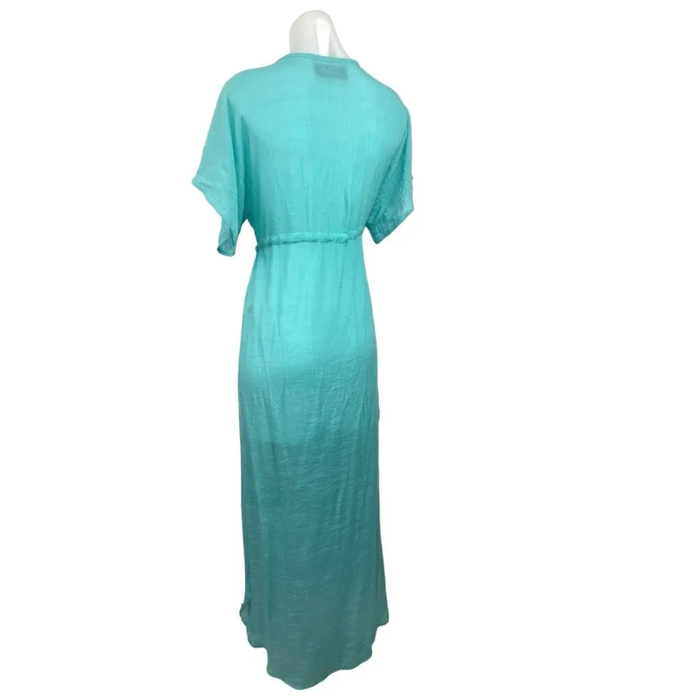 Josa Tulum Blue Linen Deep V-Neck Short Sleeve Tie Waist Cover-up Dress One  Size Size undefined - $48 - From Brie